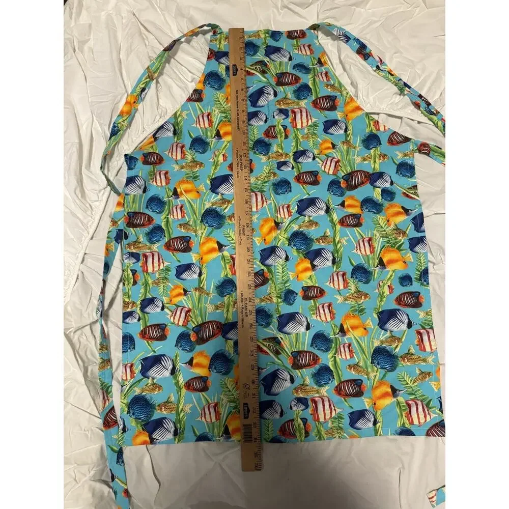 Reversible Colorful Fish , Green Design Print Tie Apron